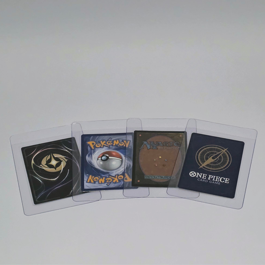 Clear semi-rigid trading card holders used for protecting and storing Pokémon, Magic, and One Piece cards.