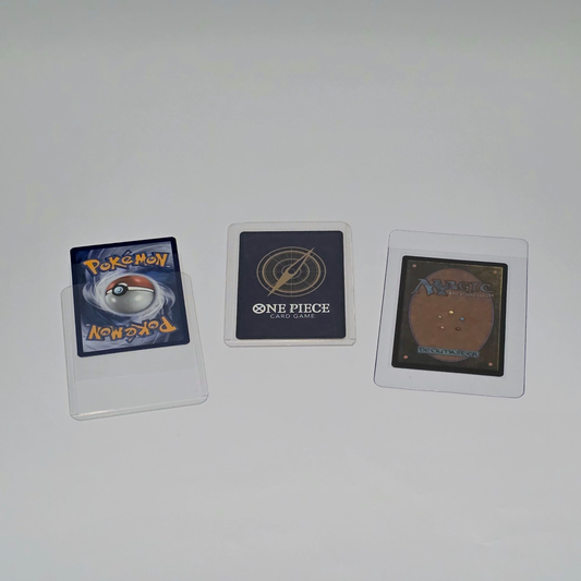Trading card top loaders, sleeves and semi-rigids used to protect Pokémon, One Piece, and Magic: The Gathering collectible cards.